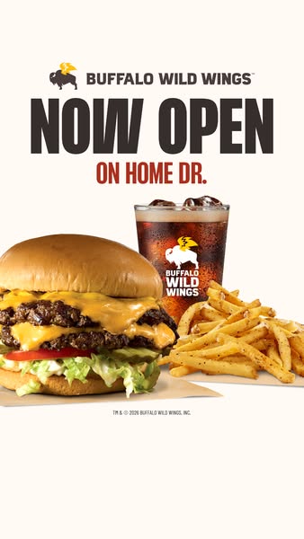 This image ad for Buffalo Wild Wings announces the opening of a new location. The ad features a burger, fries, and a sod