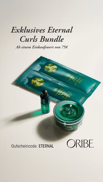 This ad promotes Oribe's Eternal Curl Bundle. It features a collection of hair products designed for curly hair and 