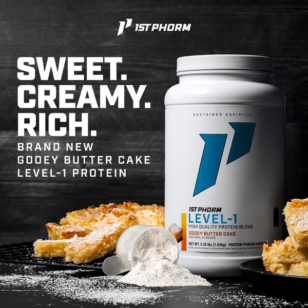 This image ad promotes 1st Phorm's Level-1 protein powder in Gooey Butter Cake flavor. It features a product shot of