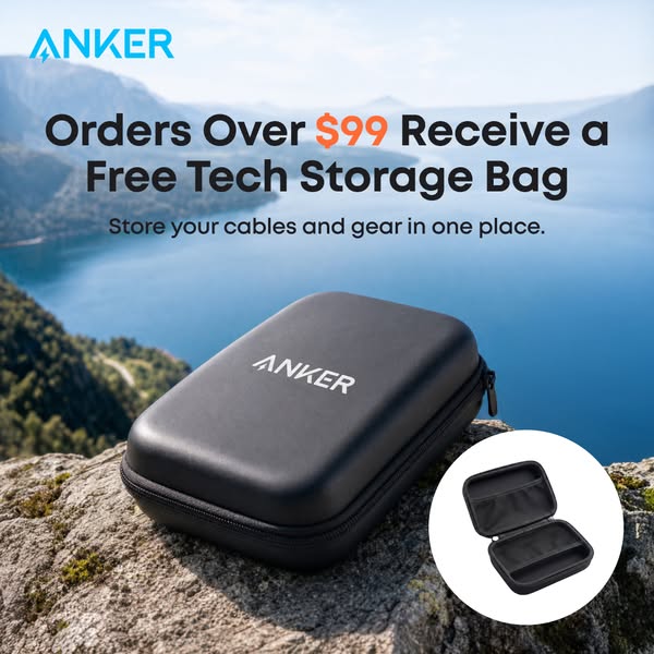 This ad showcases a promotion from Anker offering a free tech storage bag for orders over $99. The ad features the stora