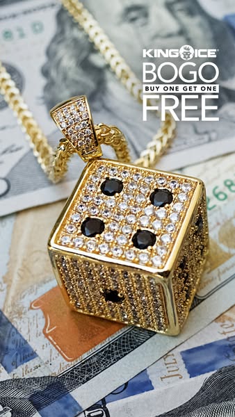 This ad for King Ice features a close-up of a gold and diamond dice pendant and chain. The ad promotes a buy-one-get-one