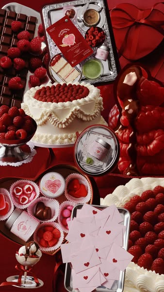 An ad displaying several cosmetic products and sweets, on a red backdrop for Valentine's Day.