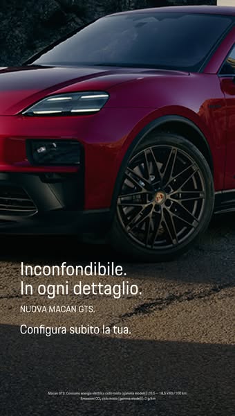 This image ad showcases a close-up shot of the red NUOVA MACAN GTS, highlighting its sleek design. The ad prompts viewer