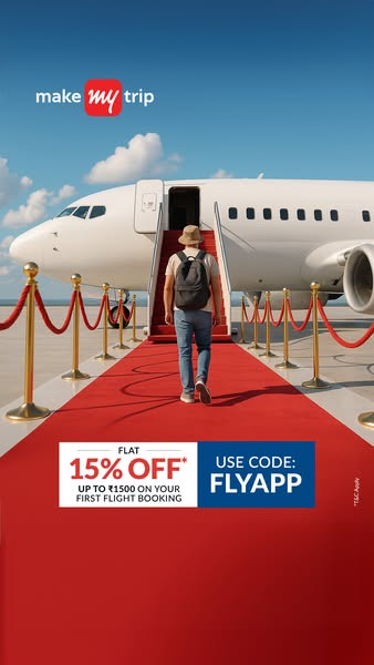 This image ad for Make My Trip features a man walking on a red carpet towards an airplane, with an offer for 15% off on 