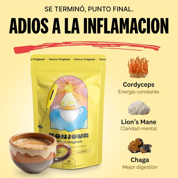 Image ad for BonJour Adaptogens. The ad features the brand's powder blend in a yellow pouch with illustrations, alon