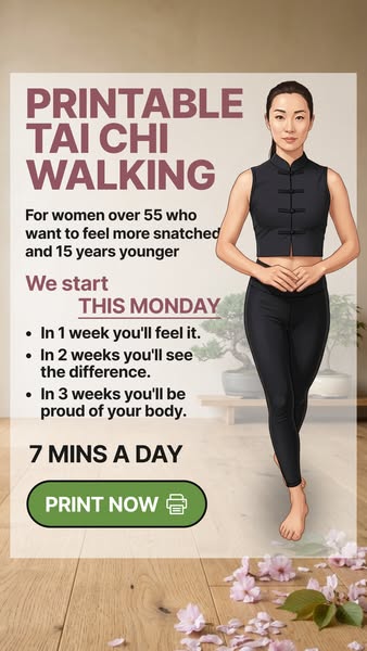 This image ad promotes a printable Tai Chi walking program for women over 55 who want to feel more snatched and 15 years