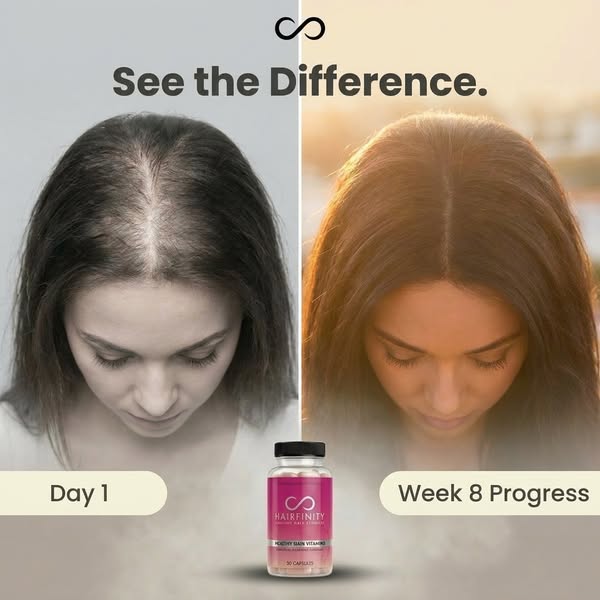 This image ad showcases a woman's hair before and after using Hairfinity vitamins, emphasizing the visible improveme