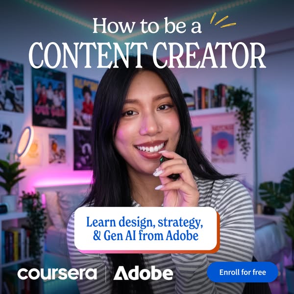 This image ad promotes Coursera and Adobe and uses an image of an enthusiastic-looking woman, in front of a decorated be