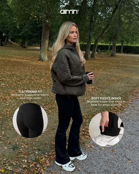 This ad showcases AIM'N leggings, highlighting their flattering fit due to the stretchy, supportive fabric and high 