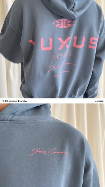 This ad showcases a YUXUS hoodie with a back print. The ad is designed for potential buyers or fans of the YUXUS brand. 