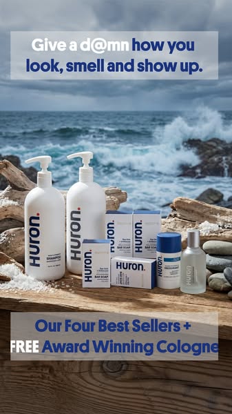 Image ad showcasing Huron's best-selling products, highlighting an offer of free cologne with purchase.