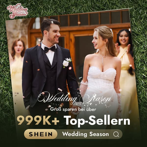 This image ad for SHEIN promotes their Wedding Season collection. The ad features an image of a happy couple on their we