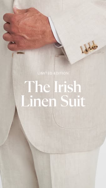 This ad features a close-up of a man's Irish linen suit, highlighting its texture and design. The ad emphasizes the 