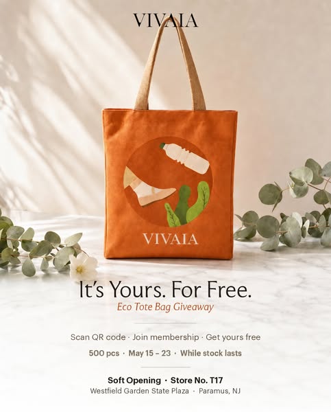 This image ad by VIVAIA announces an eco tote bag giveaway to promote their soft opening in a new store. The ad features