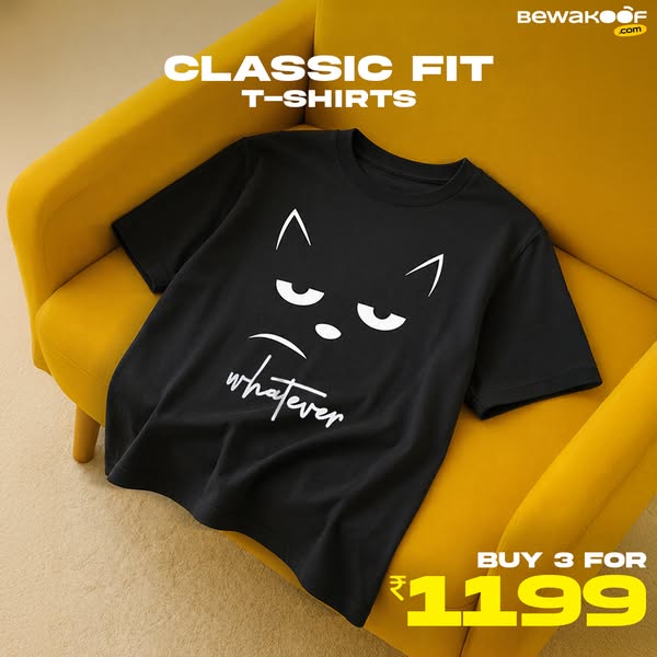 This ad features a black t-shirt with a minimalist cartoon cat face and the text 'whatever' printed on the shirt