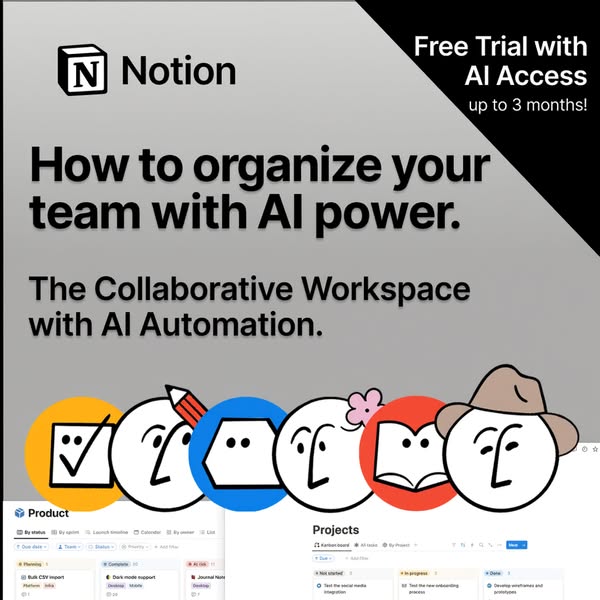 The image ad showcases Notion, a collaborative workspace with AI automation, and offers a free trial with AI access for 