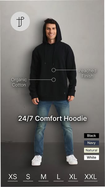 This image ad showcases a male model wearing a black hoodie. The ad highlights features such as the hoodie being made of