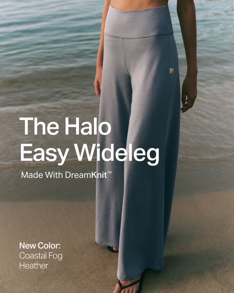 An advertisement for 'The Halo Easy Wideleg' pants made with DreamKnit in a new color: Coastal Fog Heather. The 