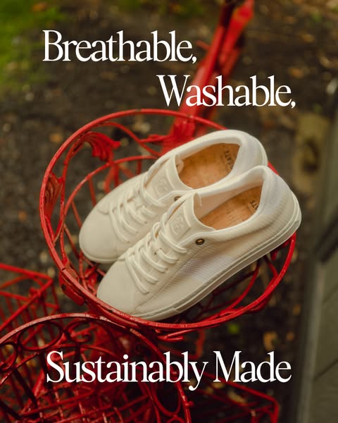This image ad showcases a pair of sustainably made, breathable, and washable shoes. The ad emphasizes the comfort and ec