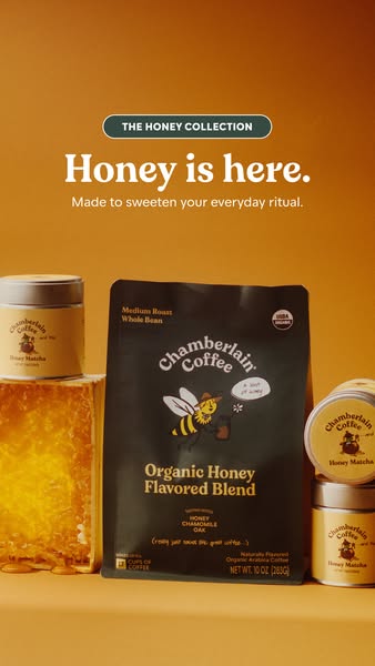 This ad showcases Chamberlain Coffee's Honey Collection, highlighting the Organic Honey Flavored Blend and Honey Mat