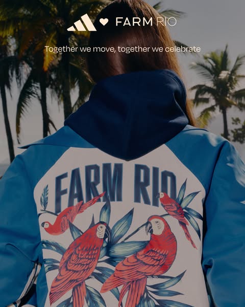 This ad features a collaboration between Adidas and Farm Rio, showcasing a vibrant jacket with parrot and foliage design
