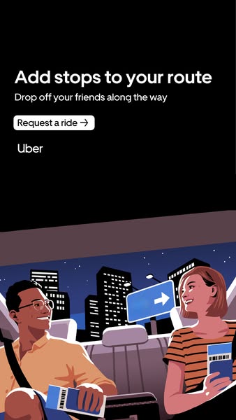 This ad promotes Uber's feature that allows riders to add multiple stops to their route. The ad features an illustra