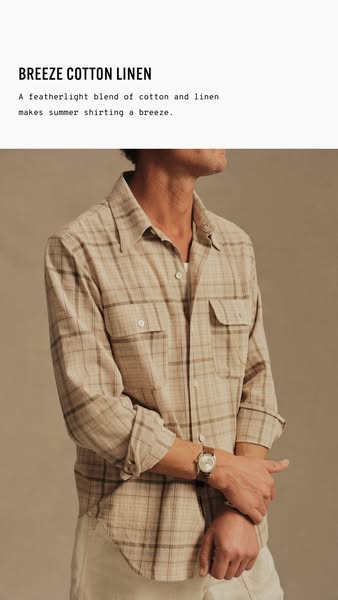 An image ad promoting a Breeze Cotton Linen shirt featuring a blend of cotton and linen designed for summer shirting.