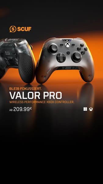 This ad showcases the Scuf Valor Pro wireless performance Xbox controller. The ad highlights the product's design an