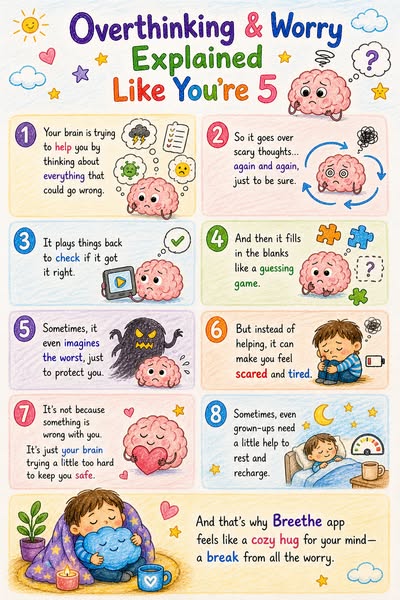 The ad is a colorful, cartoon-style illustration that explains overthinking and worry in a simplified manner, as if expl