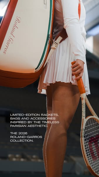 This ad promotes the Roland Garros collection of rackets, bags, and accessories. It focuses on the timeless Parisian aes
