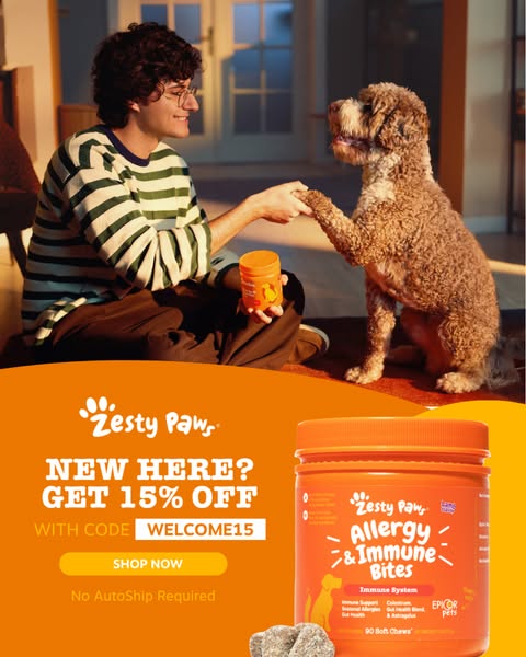 This image ad for Zesty Paws features a man giving his dog a treat, alongside the product and an offer for 15% off the f