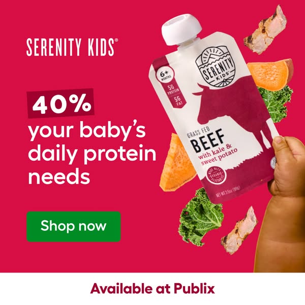 This Meta image ad for Serenity Kids baby food promotes the grass-fed beef with kale and sweet potato flavor. The ad hig