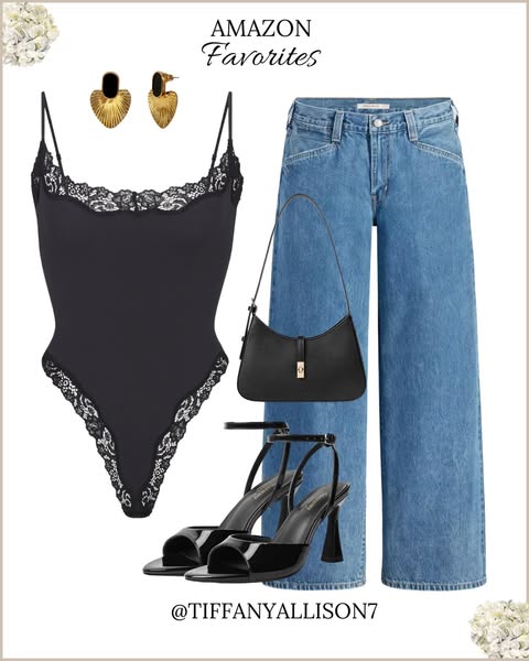 This ad features a curated collection of fashion items from Amazon, including a black bodysuit, blue jeans, black heels,
