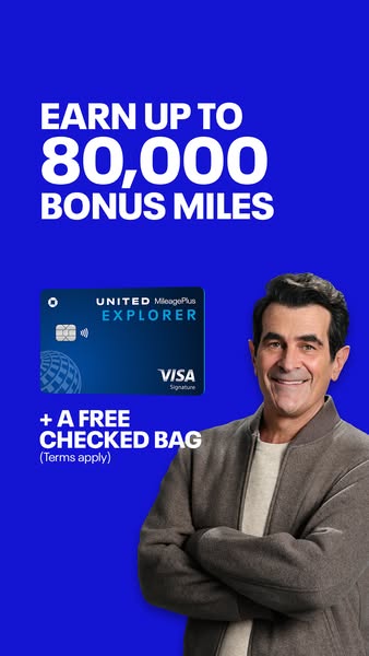 This image ad for the United MileagePlus Explorer card features actor Ty Burrell on a blue background with details of th