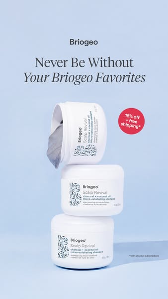 This ad for Briogeo features a stack of three jars of Scalp Revival shampoo against a light blue background, with a grey