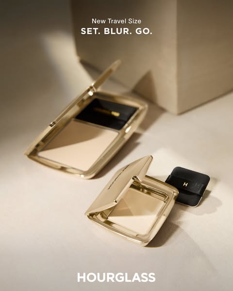 This ad showcases Hourglass's Ambient Lighting Powder in a new travel size. The ad focuses on the product's port