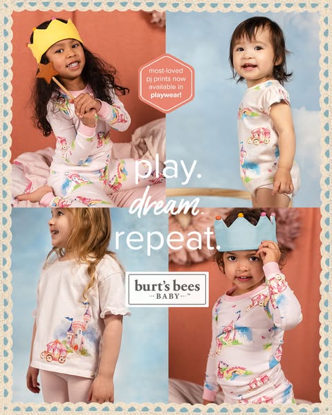 This ad features four different models wearing clothing from Burt's Bees Baby's new playwear line, which feature