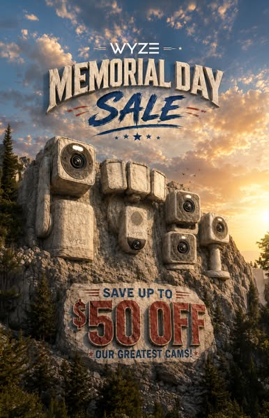 This image ad promotes Wyze security cameras during a Memorial Day sale. The visual features Wyze cameras carved into th