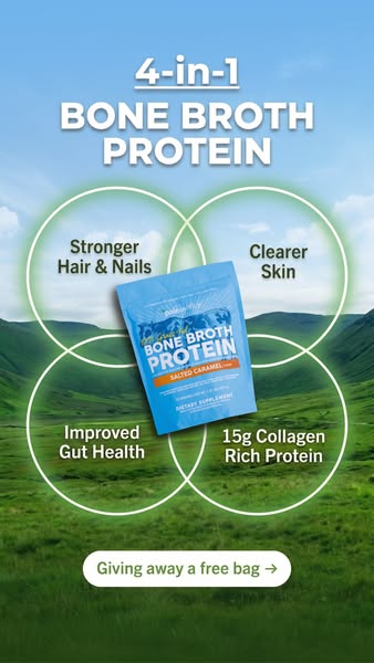 This image ad promotes bone broth protein powder in salted caramel flavor. The ad is set against a scenic mountain backd