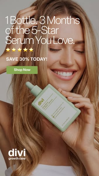 This ad promotes Divi's hair serum by highlighting its popularity with a 5-star rating and offering a limited-time d