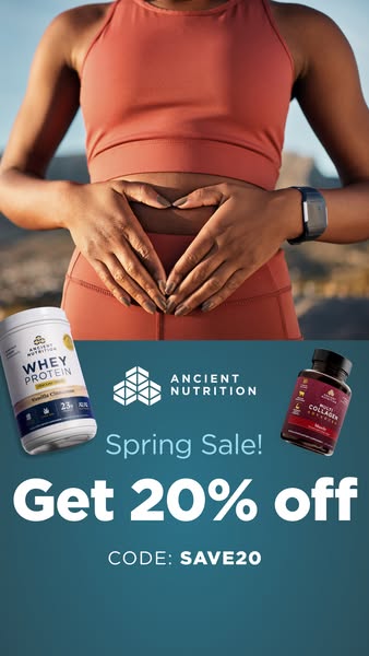 This ad features a woman in workout clothes making a heart shape with her hands over her stomach, with Ancient Nutrition