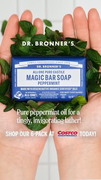 This ad for Dr. Bronner's Magic Bar Soap promotes the peppermint scent and advertises a 6-pack available at Costco.