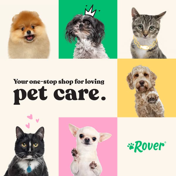 This ad for Rover uses a grid layout to showcase various pets and promote their pet care services. The ad features a cen