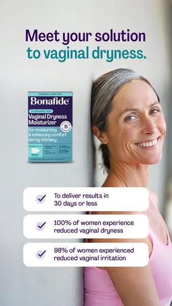 This ad for Bonafide Vaginal Dryness Moisturizer features an older woman smiling at the camera with the product box floa