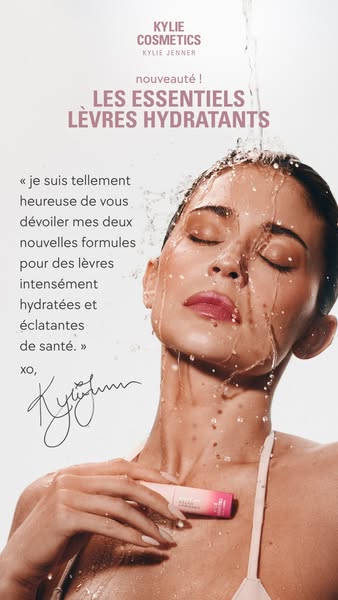 The image ad features Kylie Jenner with water running down her face holding a lip product. The ad includes a quote and s