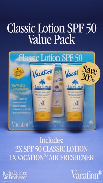 This ad showcases Vacation's Classic Lotion SPF 50 in a value pack, highlighting its best-selling status and offerin