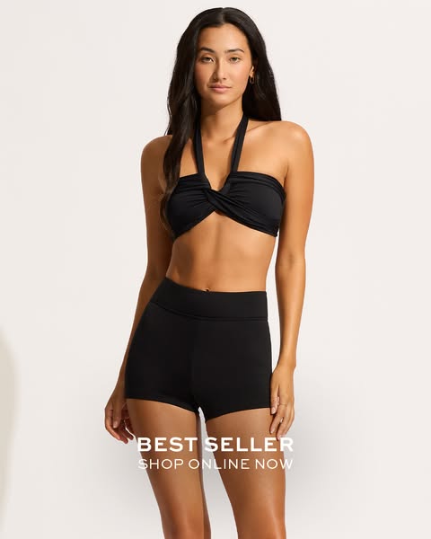 This ad features a woman modeling a black swimsuit top and shorts with the text "BEST SELLER SHOP ONLINE NOW" 