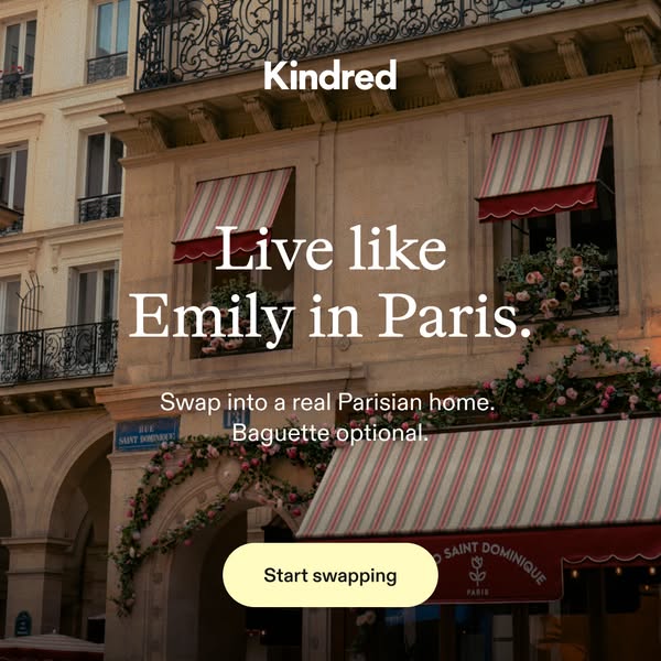 An image ad for Kindred features a building in Paris and encourages users to "Live like Emily in Paris." The a