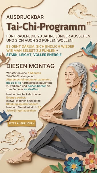 This ad promotes a Tai-Chi program for women who want to look and feel 20 years younger. It highlights a 7-minute Tai-Ch
