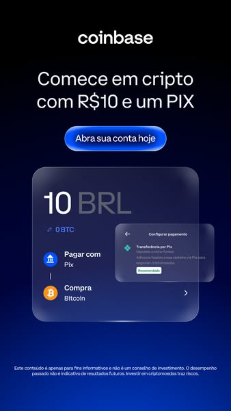 This ad is for Coinbase and promotes how users can start investing in crypto with only R$10 and a PIX account. The ad th